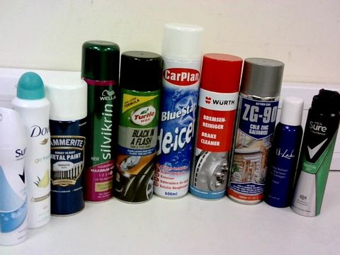 4 BOXES OF ASSORTED AEROSOLS SPRASYS TO INCLUDE;  SURE COTTON DRY, DOVE GO FRESH, HAMMERITE METAL PAINT, WELLA SILVIKRIN, TURTLE WAX BLACK IN A FLASH, CAR PLAN DE ICER, WURTH BRAKE CLEANER, ZG-90 COLD