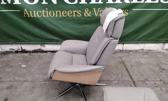 QUALITY BRITISH DESIGNER G PLAN MANUFACTURED MANUAL RECLINER CHAIR AND FOOTSTOOL - CAMBRIDGE GREY LEATHER 