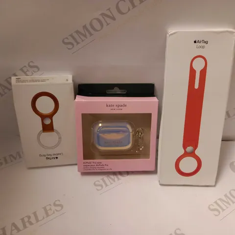 BOX OF 4 ITEMS TO INCLUDE APPLE AIRTAG LEATHER KEY RING, KATE SPADE NEW YORK AIRPODS CASE, APPLE AIRTAG LOOP