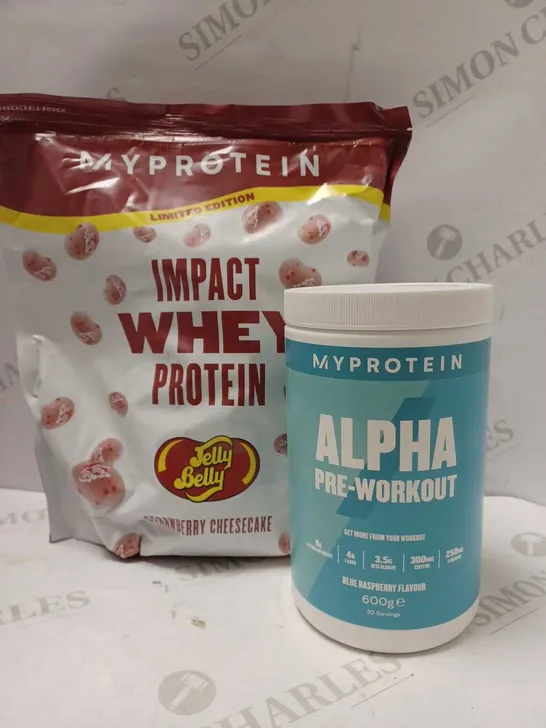 LOT OF 2 MY PROTEIN PRODUCTS TO INCLUDE IMPACT WHEY PROTEIN JELLY BEAN STRAWBERRY CHEESECAKE 1.08KG & APLHA PRE-WORKOUT BLUE RASPBERRY 600G 