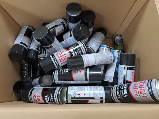 APPROXIMATELY 20 ASSORTED AERSOLS TO INCLUDE PAINTFACTORY TOUGH STUFF ENAMEL SPRAY PAINT IN BLACK MAT (400ml), AUTO EXTREME ENGINE STAT (300ml), AUTO EXTREME ALLOY WHEEL CLEANER (300ml), ETC - COLLECT