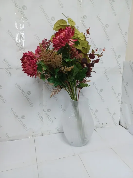 BOXED OUTLET PEONY CHRYSANTHEMUMS AND AUTUMNAL FOLIAGE IN AN OPTIC VASE