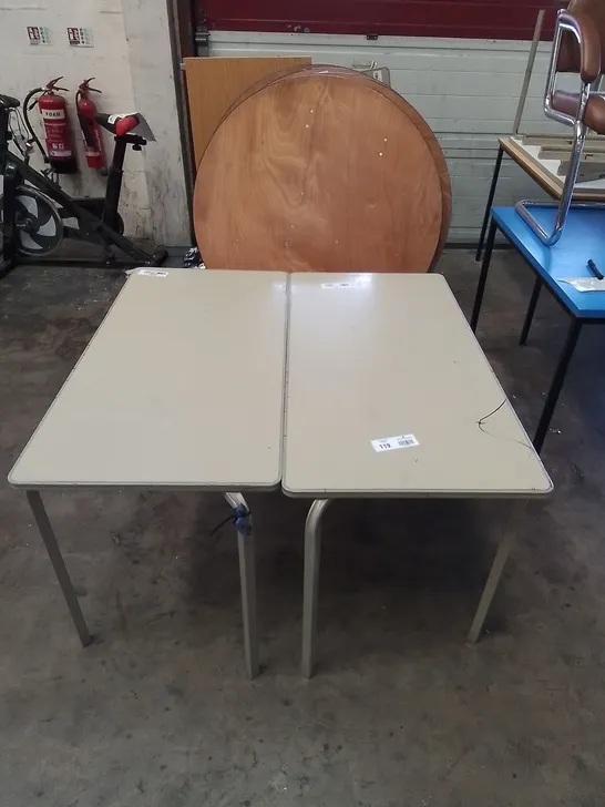 2X SMALL WOODEN TABLES WITH METAL LEGS 