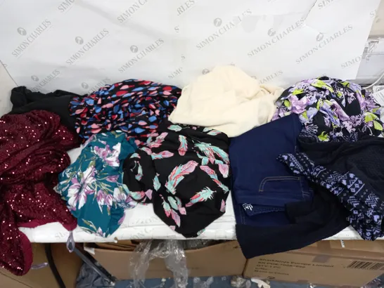 LARGE BOX OF ASSORTED CLOTHING ITEMS TOO INCLUDE TOPS , DRESSES AND BLAZERS COMING IN DIFFERENT COLOURS AND SIZES 