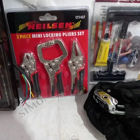 LOT OF ASSORTED ITEMS TO INCLUDE - REAR LIGHT / LOCKING PLIERS/ TYRE REPAIR KITN
