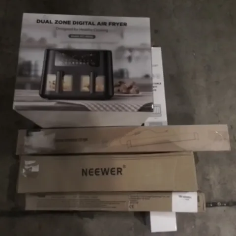 PALLET OF ASSORTED ITEMS INCLUDING DIGITAL AIR FRYER, RETRACTABLE SAFETY GATE, EXTENDABLE LED LIGHT, NEEWER WALL MOUNTING BOOM ARM, PVC CHAIR MAT   
