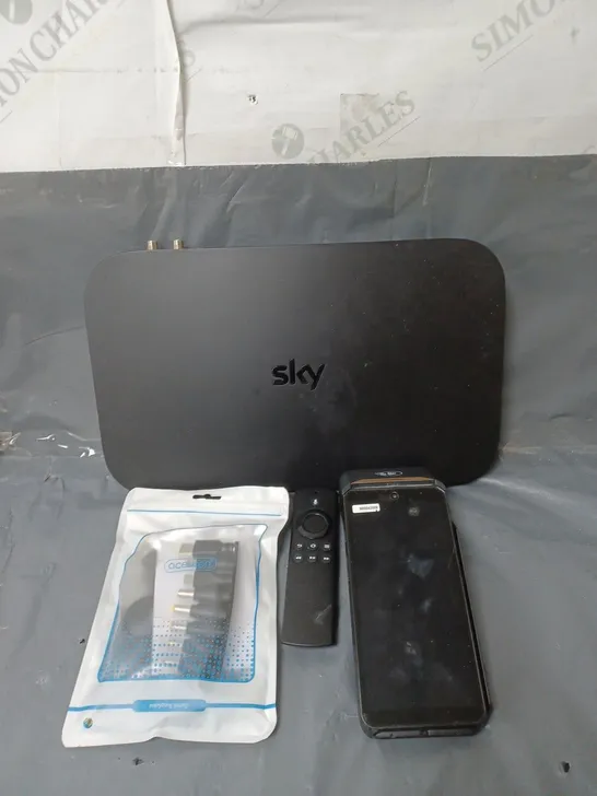 BOX OF APPROXIMATELY 20 ASSORTED ELECTRICAL ITEMS TO INCLUDE SKY TV BOXES, REMOTE CONTROLS AND POWER CABLES