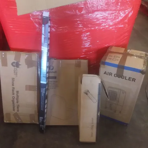 PALLET OF ASSORTED ITEMS INCLUDING SHOE RACK, TOILET SEAT, AIR COOLER, SMART LIFTING SOCKET