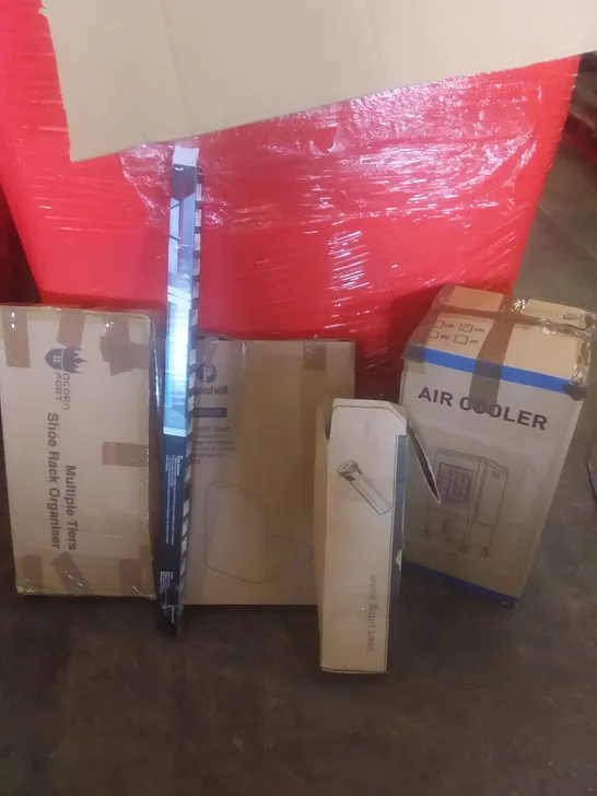 PALLET OF ASSORTED ITEMS INCLUDING SHOE RACK, TOILET SEAT, AIR COOLER, SMART LIFTING SOCKET