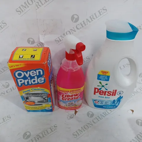 LO OF ASSORTED HOUSEHOLD CLEANING ITEMS TOO INCLUDE OVEN PRIDE ,  ELBOW GREASE AND PERSIL 