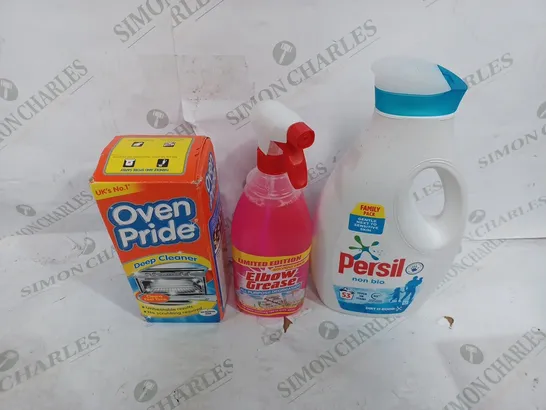 LO OF ASSORTED HOUSEHOLD CLEANING ITEMS TOO INCLUDE OVEN PRIDE ,  ELBOW GREASE AND PERSIL 