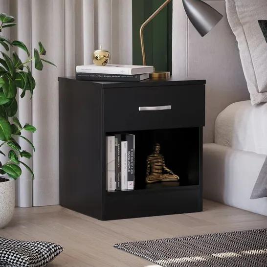 BOXED MAYBERY 1 DRAWER BEDSIDE TABLE WITH OPEN SHELF, BEDROOM STORAGE - BLACK (1 BOX)