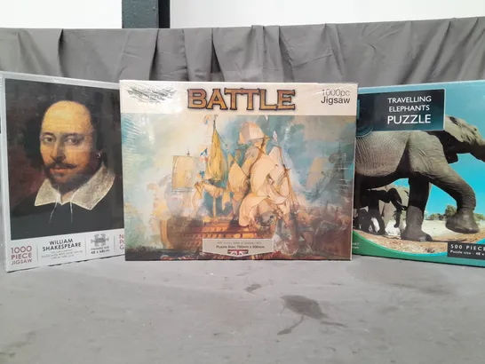 BOX OF 7 ASSORTED TOYS AND GAMES TO INCLUDE WILLIAM SHAKESPEARE PUZZLE, BATTLE OF TRAFALGAR PUZZLE, TRAVELLING ELEPHANTS PUZZLE, ETC