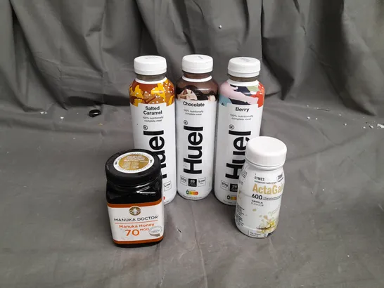 19 ASSORTED FOOD ITEMS TO INCLUDE HUEL FOOD DRINK IN ASSORTED FLAVOURS, MANUKA HONEY (70MGO) AND AYMES ACTAGAIN VANILLA MEAL DRINK - COLLECTION ONLY