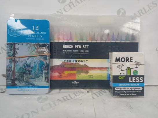 BOX OF APPROXIMATELY 10 ASSORTED TOYS AND GAMES TO INCLUDE MORE OR LESS GEOGRAPHY EDITION, BRUSH PEN SET, WATERCOLOUR PENCILS, ETC