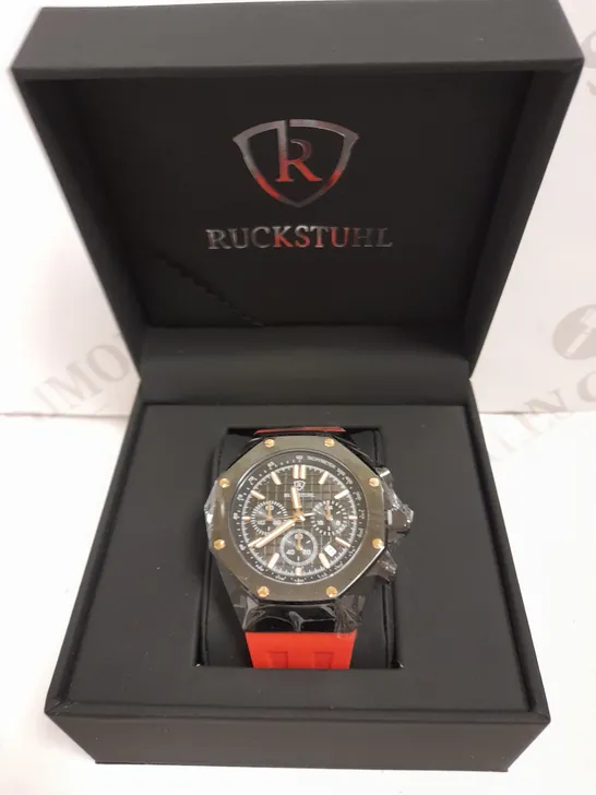 MEN’S RUCKSTUHL CHRONOGRAPH R400 WATCH – BLACK COLOUR CASE – BLACKDIAL – 3ATM WATER RESISTANT – RED RUBBER STRAP