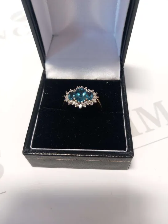 18CT GOLD DRESS RING SET WITH AQUAMARINE AND NATURAL DIAMONDS