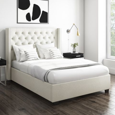 BOXED MAEVA STUDDED WINGBACK DOUBLE OTTOMAN BED IN OFF WHITE WOVEN BOX 1 OF 3 ONLY