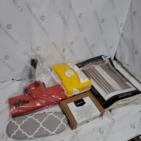 LARGE BOX OF ASSORTED ITEMS TOO INCLUDE NAPPIES , VACUUM CLEANER PARTS AND CURTAINS , ETC 