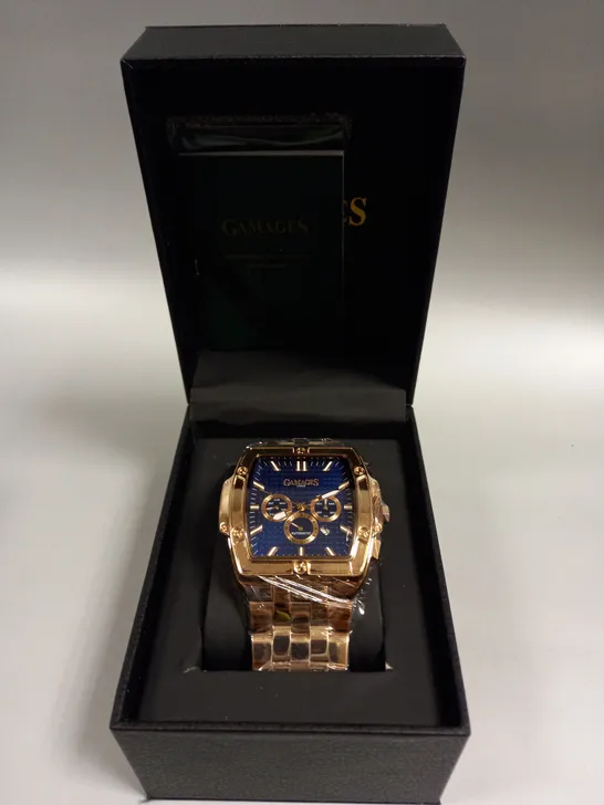 BOXED GAMAGES MAGNITUDE ROSE GOLD COLOUR BLUE DIAL WATCH 