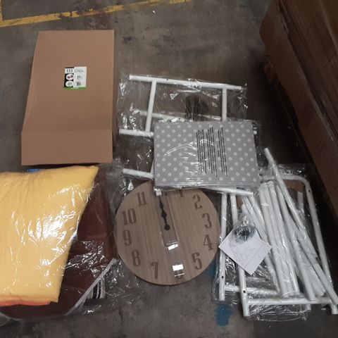 PALLET OF ASSORTED ITEMS TO INCLUDE TOY STORAGE SHELVES, ACTNOW SOFT DOG AND CAT INFLATABLE BED AND WOODEN WALL CLOCK