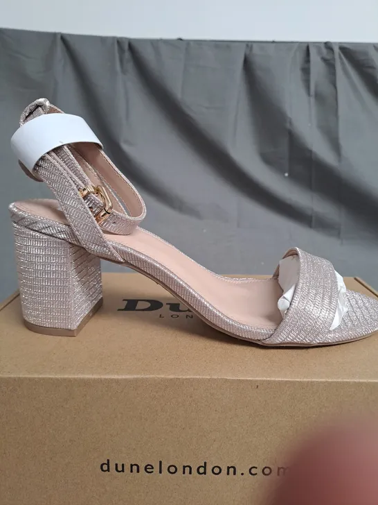 BOXED PAIR OF DUNE LONDON GLITTERED PINK HIGH HEELED SANDALS SIZE 7