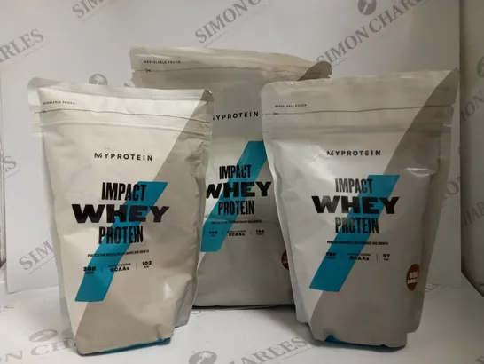 BOX OF 3 ASSORTED MY PROTEIN IMPACT WHEY PROTEIN PRODUCTS TO INCLUDE CHOCOLATE 1KG, CHOCOLATE 500G, VANILLA 500G 