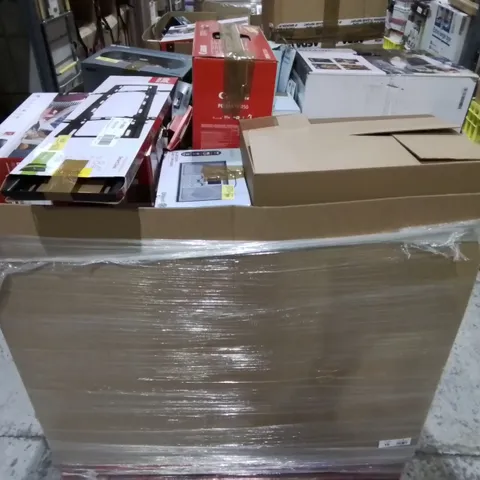 PALLET CONTAINING A LARGE QUANTITY OF ASSORTED TECH ITEMS TO INCLUDE SHARP MICROWAVE OVEN, ONE FOR ALL UNIVERSAL WALL MOUNT AND PIXMA TS5150 PRINTER