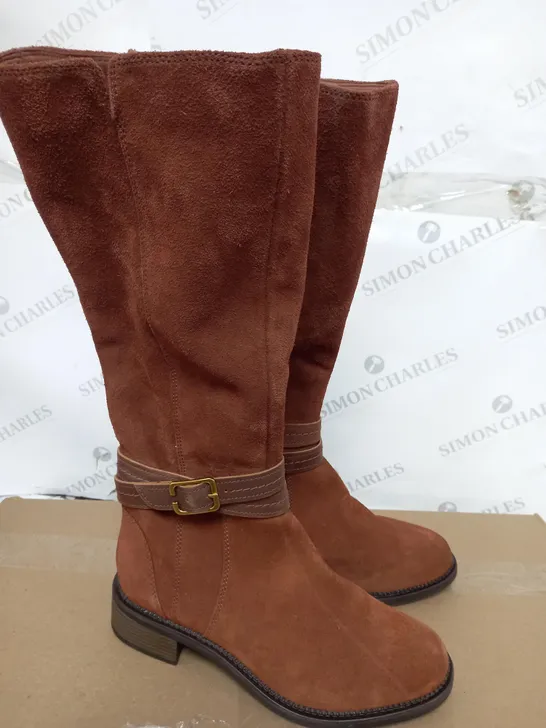 BOXED CLARKS MAY SHINE DARK TAN SUEDE KNEE BOOTS