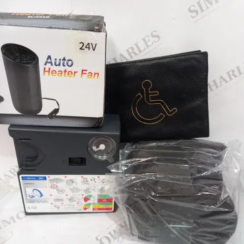 LOT OF ASSORTED ITEMS TO INCLUDE - AUTO HEATER FAN - TIRE PUMP 