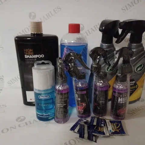 LOT OF APPROX. 10 ASSORTED VEHICLE CLEANING PRODUCTS TO INCLUDE HYBRID SOLUTIOINS CERAMIC WET WAX, RAYHONG 3-IN-1 HIGH PROTEGTION QUICK COATING SPRAY, MER AUTOSHINE SHAMPOO ETC.