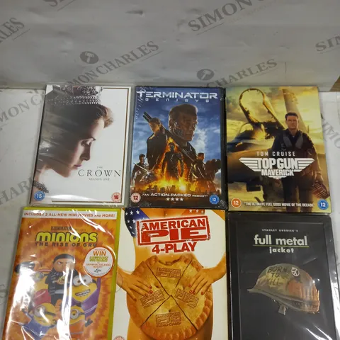 BOX OF APPROXIMATELY 20 ASSORTED DVDS TO INCLUDE CHUCK, TERMINATOR, AMERICAN PIE ETC 