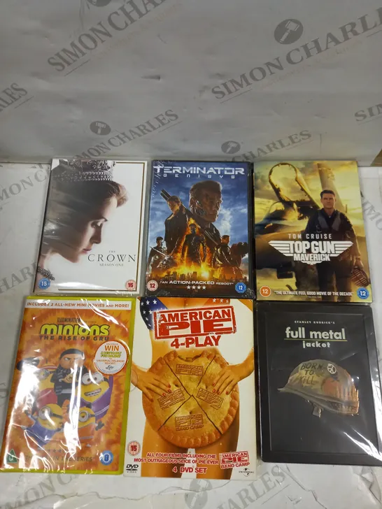 BOX OF APPROXIMATELY 20 ASSORTED DVDS TO INCLUDE CHUCK, TERMINATOR, AMERICAN PIE ETC 