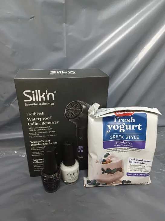 APPROXIMATELY 10 ASSORTED ITEMS TO INCLUDE SLIK'N WATERPROOF CALLUS REMOVER, NAIL LACQUER, FRESH YOGHURT, ETC