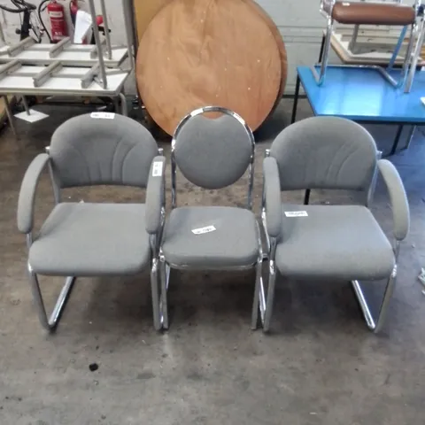 3X GREY FABRIC CHAIRS WITH CHROME FRAME 