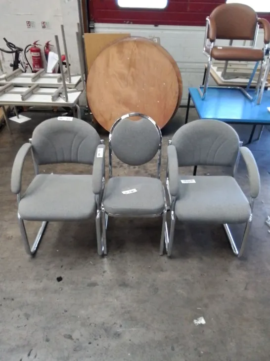 3X GREY FABRIC CHAIRS WITH CHROME FRAME 