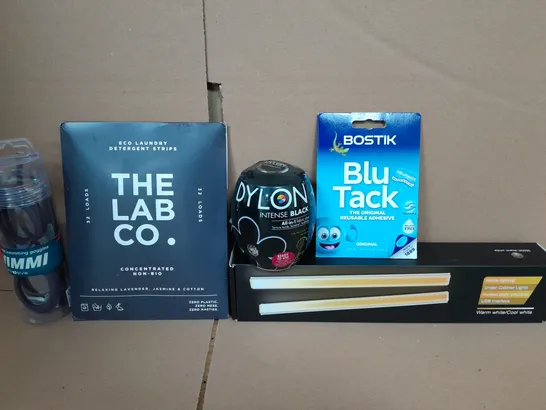 BOX OF APPROXIMATELY 14 ASSORTED ITEMS TO INCLUDE - BLU TACK , SWIMMING GOGGLES , THE LAB CO DETERGENT STRIPS ETC