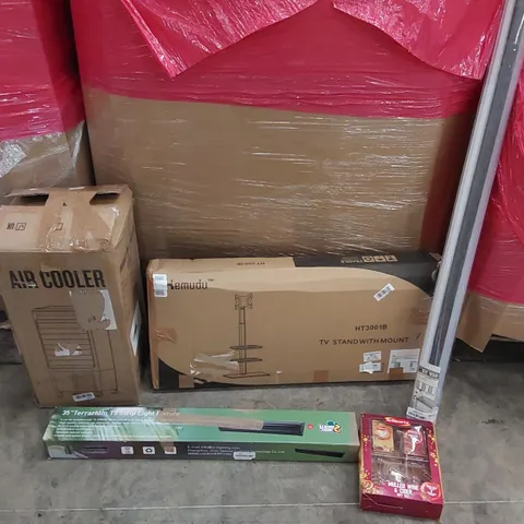 PALLET OF ASSORTED ITEMS INCLUDING: AIR COOLER, TV STAND WITH MOUNT, TERRARIUM STRIP LIGHT, ROLLER BLINDS, MULLED WINE KIT