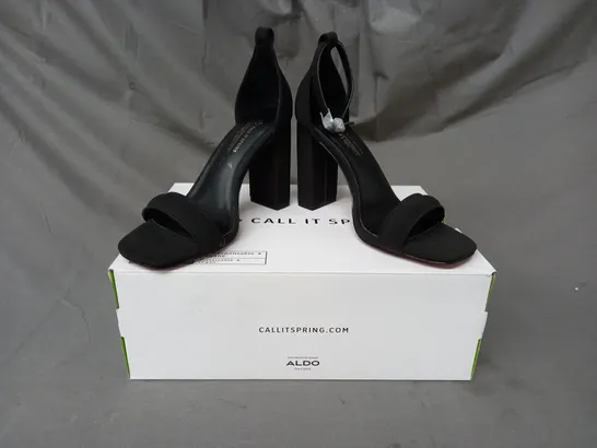 BOXED PAIR OF CALL IT SPRING KATARINA OPEN TOE BLOCK HEEL SANDALS IN BLACK UK SIZE 3