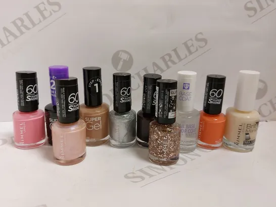 BOX OF APPROX 10 RIMMEL POLISHES TO INCLUDE 60 SECOND SUPER SHINE AND GEL POLISH