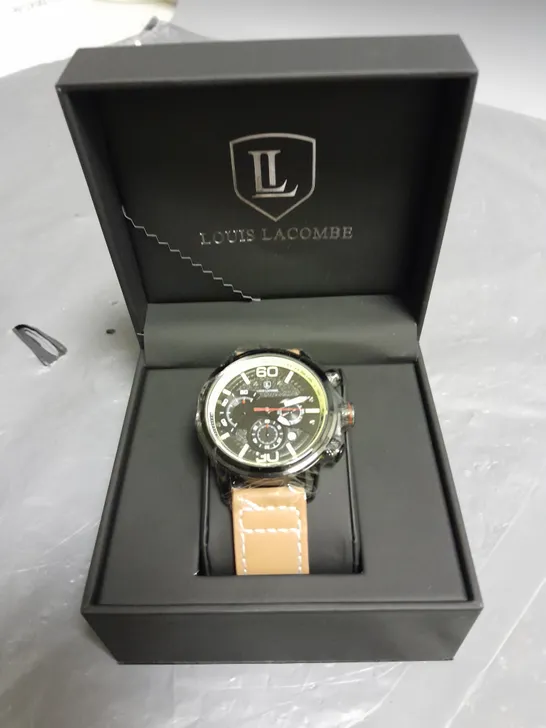 MENS LOUIS LACOMBE CHRONGRAPH WATCH WITH 3 SUB DIALS, BLACK CASE AND LEATHER STRAP