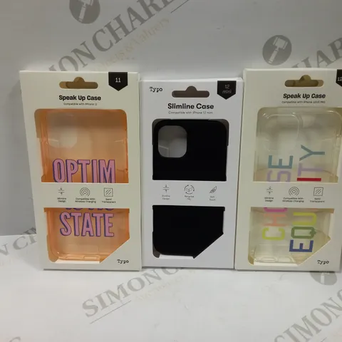 BOX OF APPROXIMATELY 53  TYPO PHONES CASES ('SLIMLINE CASE' & 'SPEAK UP CASE') FOR IPHONE 11, 12 MINI, 12/12PRO IN VARYING COLOURS