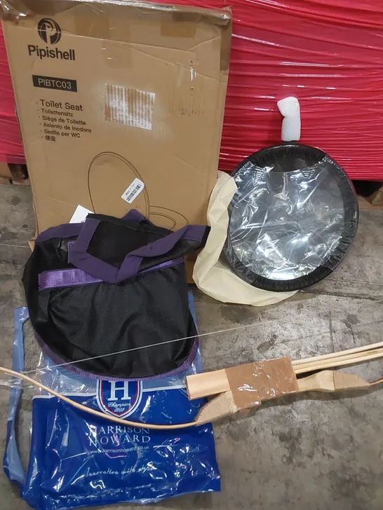 LARGE PALLET OF ASSORTED HOUSEHOLD PRODUCTS TO INCLUDE; JH 4350A DEMOLITION HAMMER, NON STICK WOK, BEDDING, PIPISHELL TOILET SEAT,  CROSSBOW AND HARRISON HOWARD RIDING ACCESSORY 