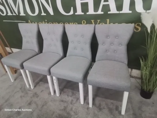 SET OF FOUR BEWLEY UPHOLSTERED BUTTONED BACK DINING CHAIRS LIGHT GREY FABRIC WHITE LEGS