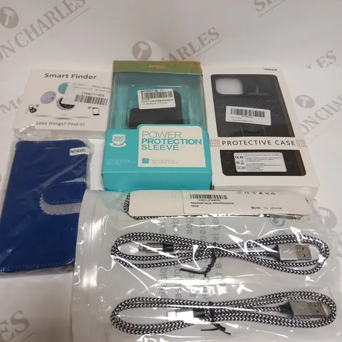 LARGE QUANTITY OF ASSORTED MOBILE PHONES ACCESSORIES TO INCLUDE; JRC POWER PROTECTION SLEEVE, SMART FINDER, CHARGING CABLES AND GLASS SCREEN PROTECTORS