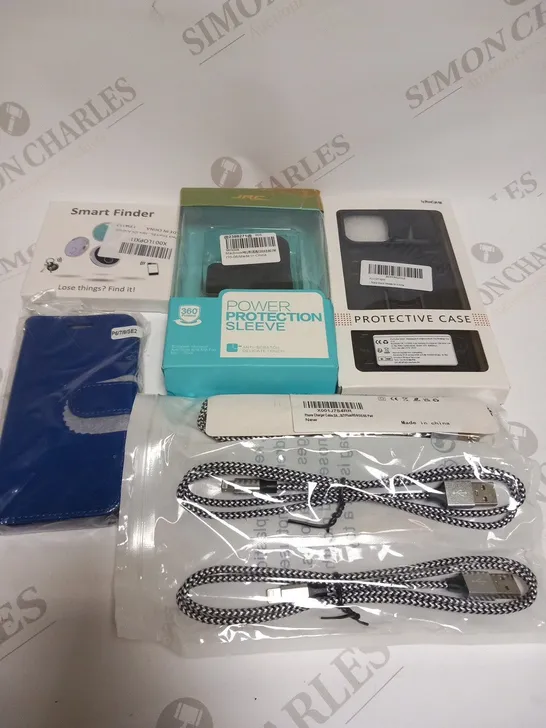 LARGE QUANTITY OF ASSORTED MOBILE PHONES ACCESSORIES TO INCLUDE; JRC POWER PROTECTION SLEEVE, SMART FINDER, CHARGING CABLES AND GLASS SCREEN PROTECTORS