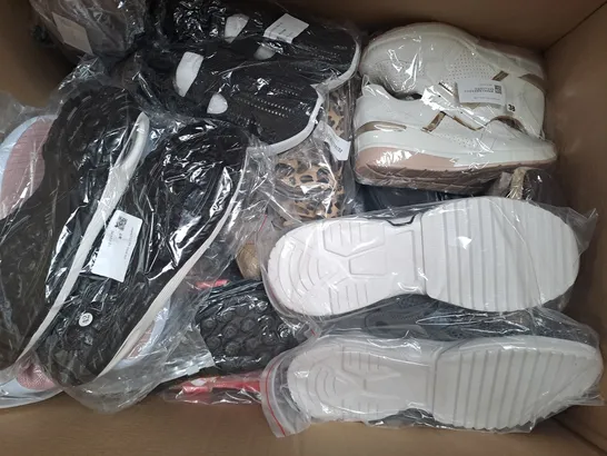 BOX OF APPROXIMATELY 15 ASSORTED PAIRS OF SHOES AND FOOTWEAR ITEMS IN VARIOUS STYLES, COLOURS, AND SIZES