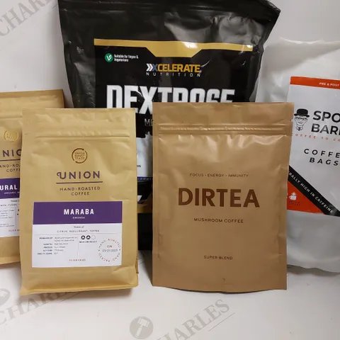 BOX OF APPROX 10 ITEMS TO INCLUDE UNION HAND-ROASTED COFFEE, SPORTS BARISTA COFFEE BAGS, CELERATE DEXTROSE POWDER