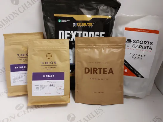 BOX OF APPROX 10 ITEMS TO INCLUDE UNION HAND-ROASTED COFFEE, SPORTS BARISTA COFFEE BAGS, CELERATE DEXTROSE POWDER