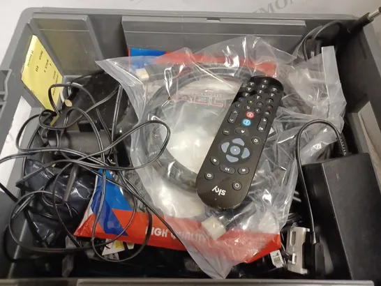 BOX OF APPROX 10 ITEMS TO INCLUDE ASSORTED POWER PACKS, CABLES AND SKY Q REMOTE